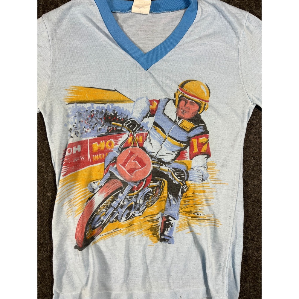 Vintage 60s Shirt Kids Large Blue Motorcycle Racing Biker Graphic Tee Streetwear - Picture 4 of 7